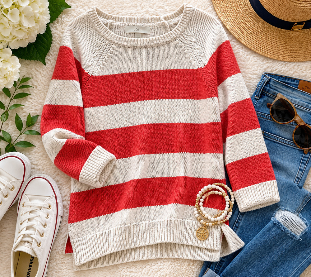 Burnt Orange Cream Striped Knit Sweater Womens Raglan High Low Split M